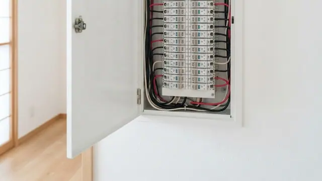 住宅の分電盤と契約内容を確認する様子