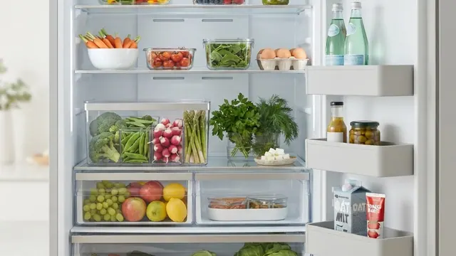 食品を見渡せるよう整理した家庭用冷蔵庫